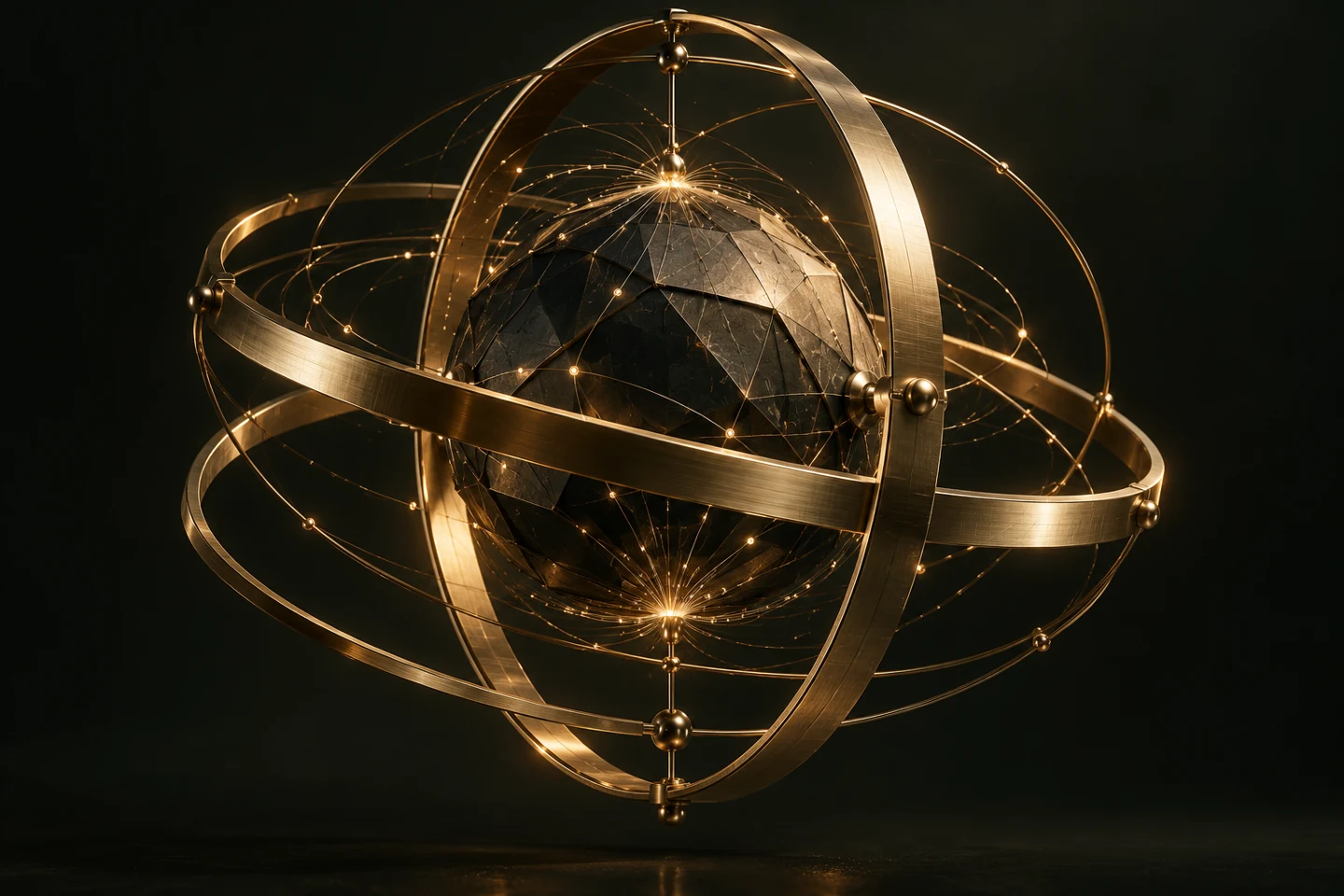 Sculptural intelligence core with golden orbital rings, a TEX7 artistic concept